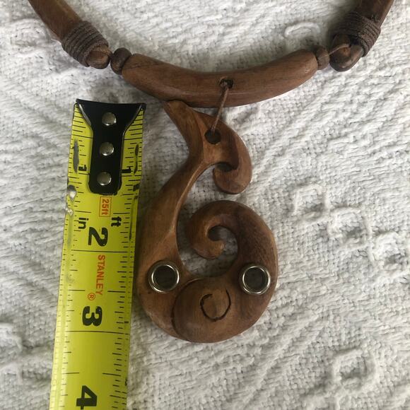 Handmade Carved Wood Pendant Necklace Adjustable Cord Boho 3" Charm Hippie - Picture 7 of 8